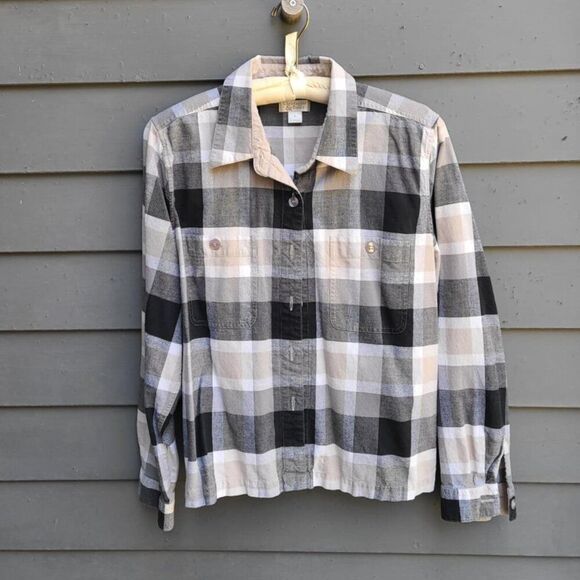 Christopher Banks Cotton Taupe Gray Black Plaid Button Down size Large - Picture 1 of 10